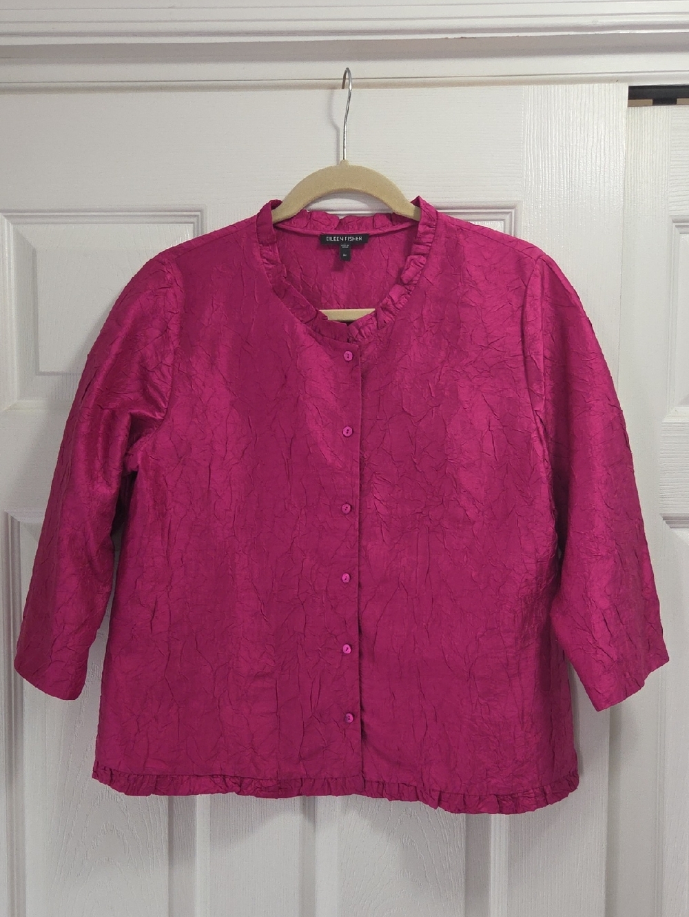 Eileen Fisher Fuchsia Crinkle Silk Button-Front Jacket